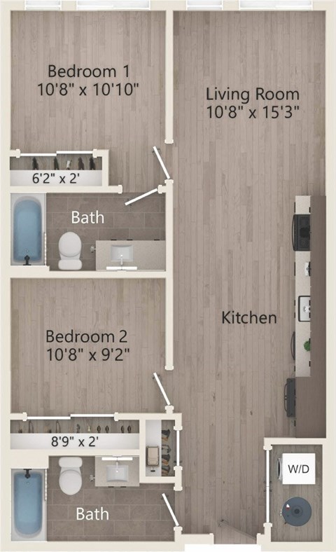 Floor plan for 2 beds, 2 baths, 825 sqft